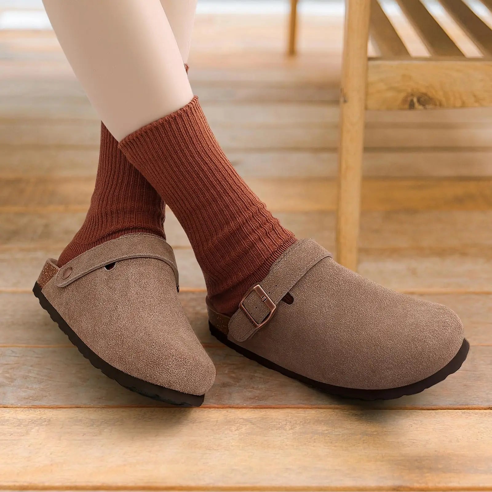 Women'S Suede Clogs with Arch Support New Adjustable Strap Cork Footbed Mules Lady Slip on Clogs Slippers Men Cork Slides