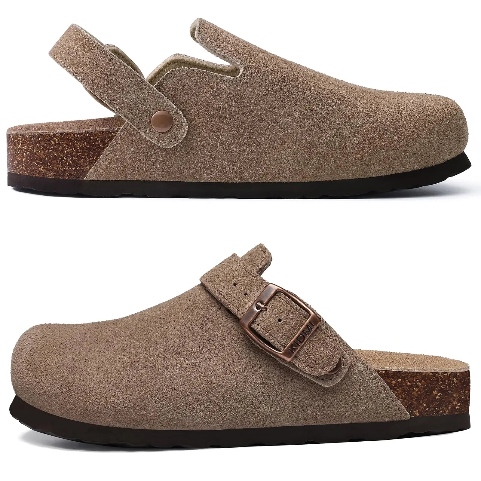 Women'S Suede Clogs with Arch Support New Adjustable Strap Cork Footbed Mules Lady Slip on Clogs Slippers Men Cork Slides